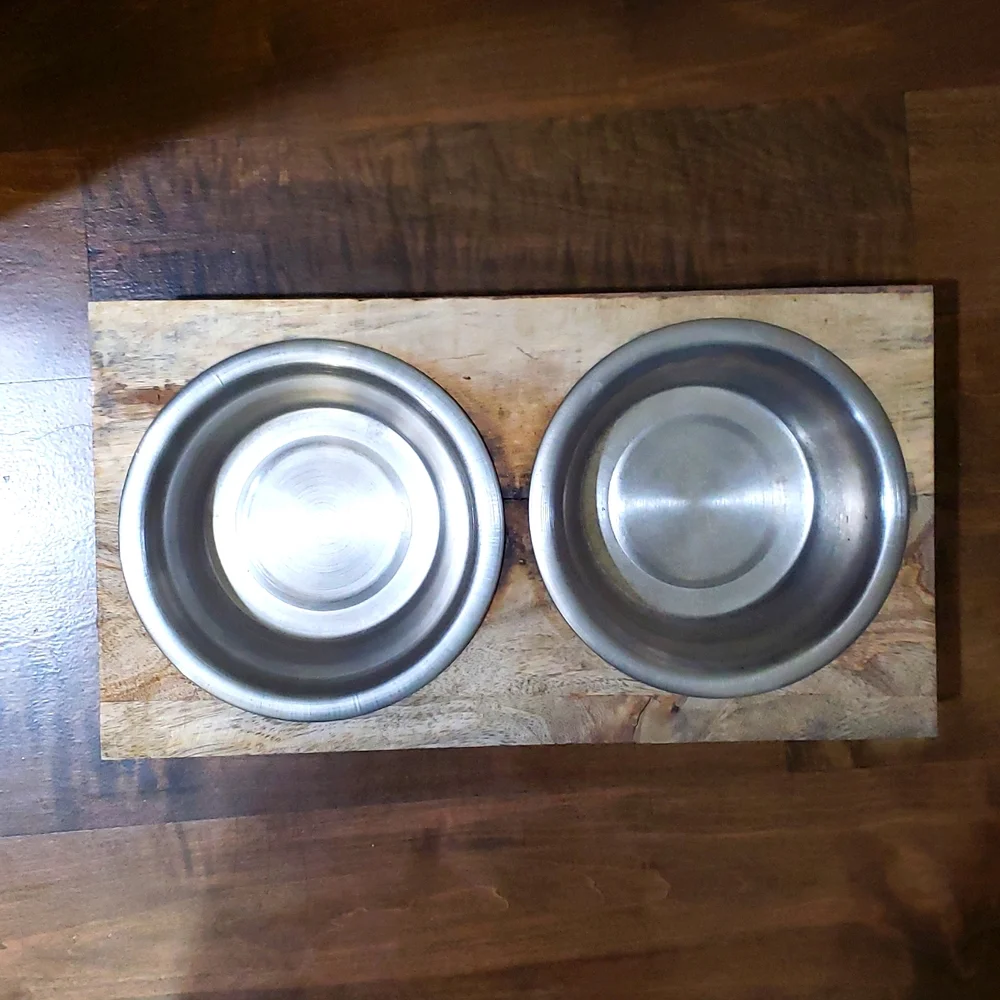 Raised dog bowls metal & wood